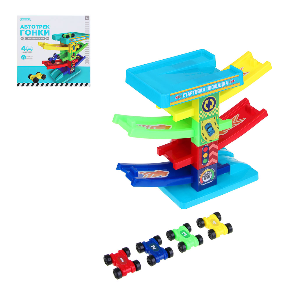Автотрек "Гонки", пластик, 4 машинки, 21,5х22х5 см ИГРОЛЕНД (1/4/48)