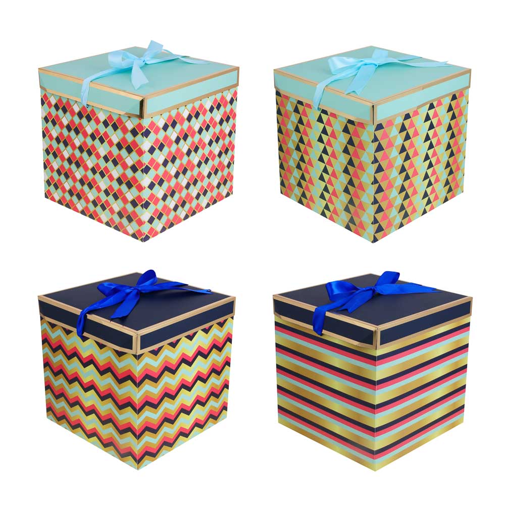 Коробка подарочная, складная, с лентой, бумага с фольг.слоем, 25x25x25 см, 4диз., абстракц (8/8)