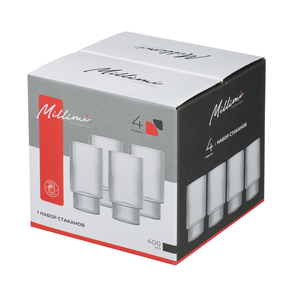 Набор стаканов Астра 400 мл, 4 шт, стекло, рифленый MILLIMI  (1/36)