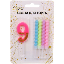 Свеча для торта Цифра Праздник "9" 11 см, 4 свечи (24/24)