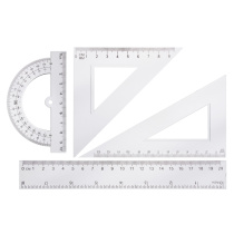 Набор геометрический 4 пр. (линейка 20см, 2 угольника, транспортир) прозрачный, в пакете (1/12/720)