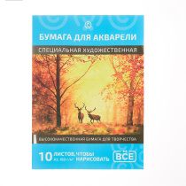 Бумага д/акварели в папке, A3, 10 листов, 160 г/м2, обл. мелован. картон, 2 диз. ВСЁГАЗИН (1/20)