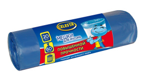 Мешки для мусора повышенной прочности, синие 9мк, 60л, 20шт CELESTA (1/50)