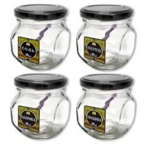 Набор банок д/хранения 4шт*200мл с черн. мет.кр. СОЛЬ,ПЕРЕЦ,ПАПРИКА,ГВОЗДИКА (стекло) (принт1) (1)