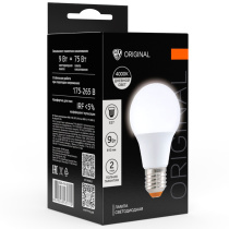 Лампа светодиодная A60 9 Вт, E27, 810 Лм, 4000 K, 175-265 В, Ra>80, IRF <5%,IC, 2 года гар.(10/10/10