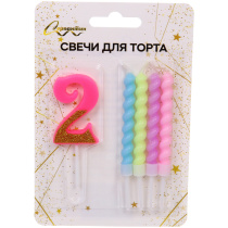Свеча для торта Цифра Праздник "2" 11 см, 4 свечи (24/24)
